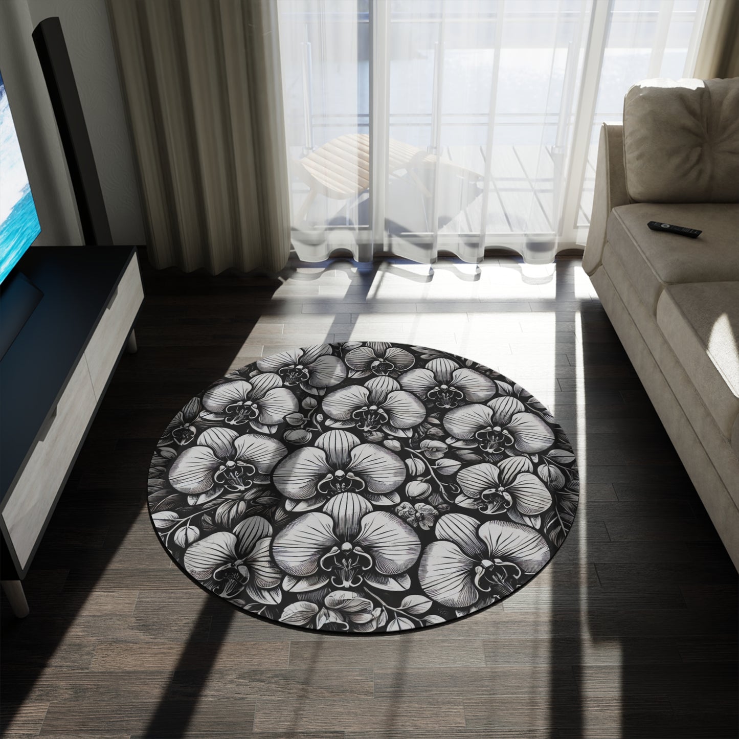 Round Rug - Black and Grey Orchid Print