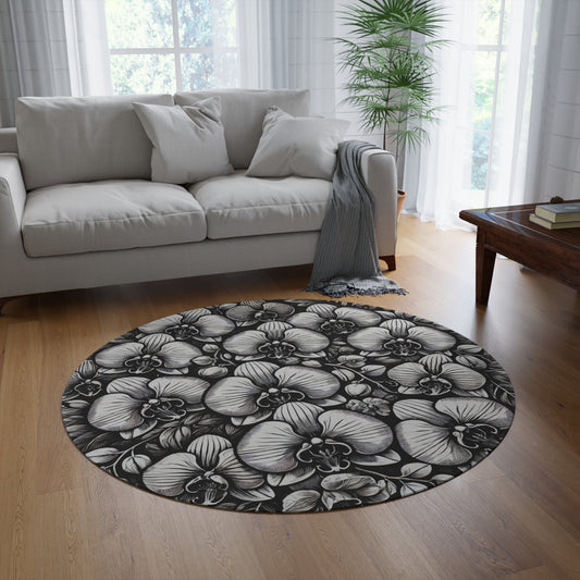 Round Rug - Black and Grey Orchid Print