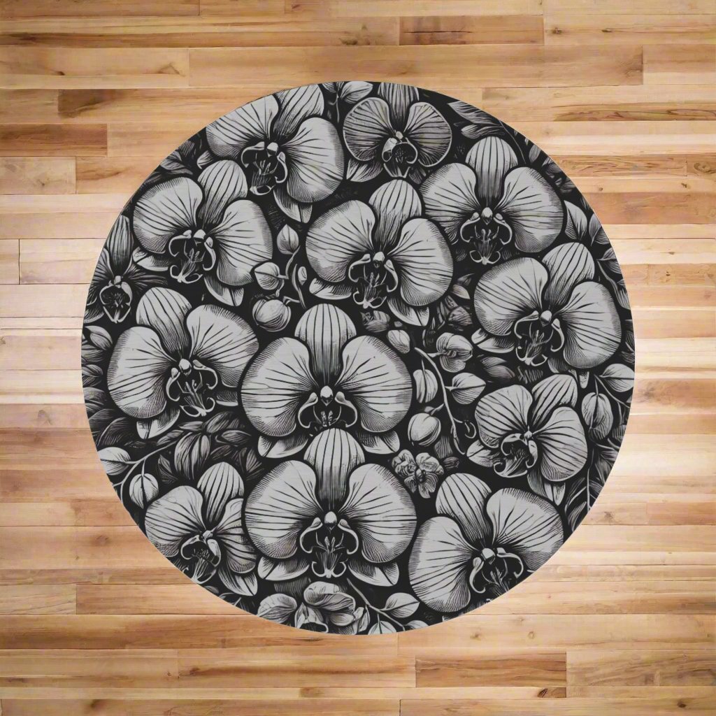 Round Rug - Black and Grey Orchid Print